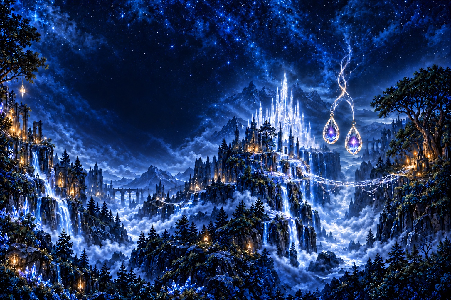 A luminous blue city of crystalline towers and bridges